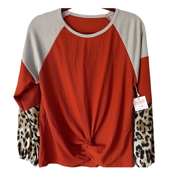 Leopard Color Block Long Balloon Sleeve Waffle Knit Knot Front Women's Top S - Picture 3 of 9